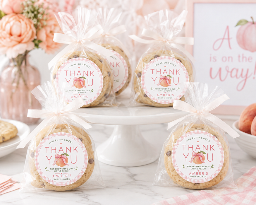 Pink Gingham Peach Baby Shower Stickers