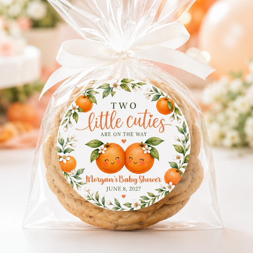A round cookie wrapped in clear cellophane and tied with a white ribbon, featuring a round printed label that reads 'Two little cuties are on the way' with orange illustrations and the text 'Megan's Baby Shower June 8, 2027.' The background is softly blurred with warm orange and cream tones.