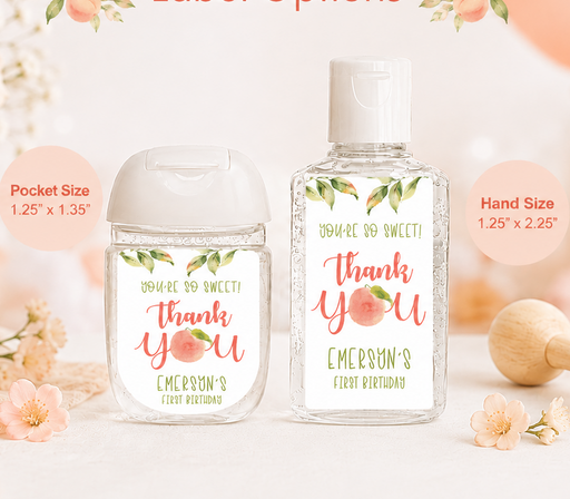 Two clear hand sanitizer bottles with decorative peach and green floral labels are shown on a soft pastel styled background. The left bottle is labeled Pocket Size 1.