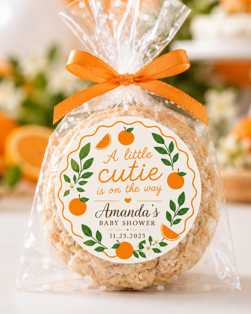 An orange-themed baby shower favor in a clear cellophane bag tied with an orange ribbon, featuring a round printed label that reads 'A little cutie is on the way Amanda's Baby Shower 11.25.