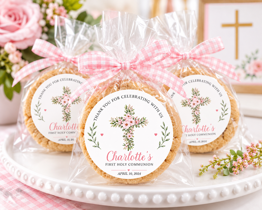 Floral Pink Cross First Communion Stickers