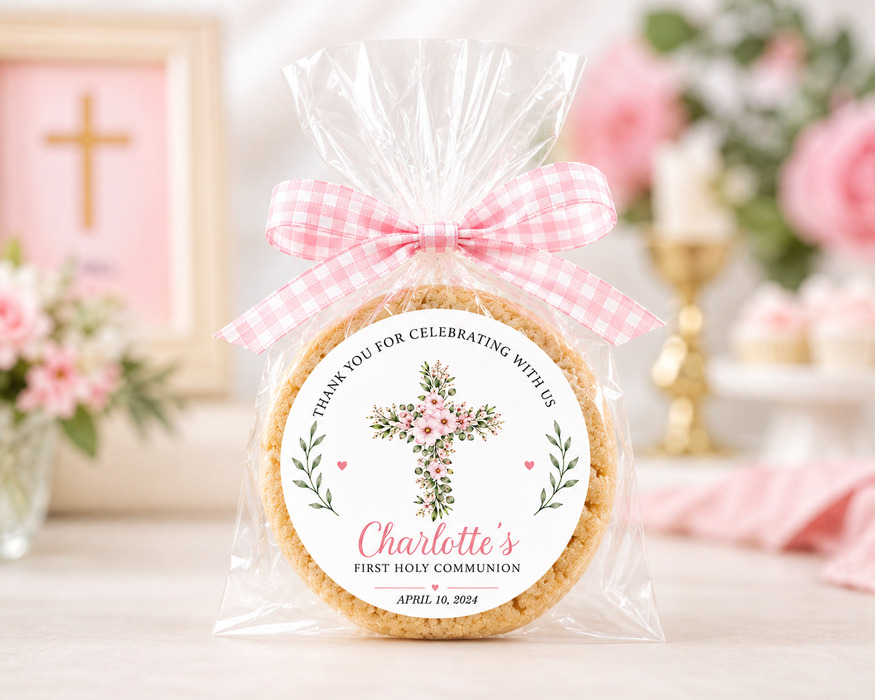 Floral Pink Cross First Communion Stickers