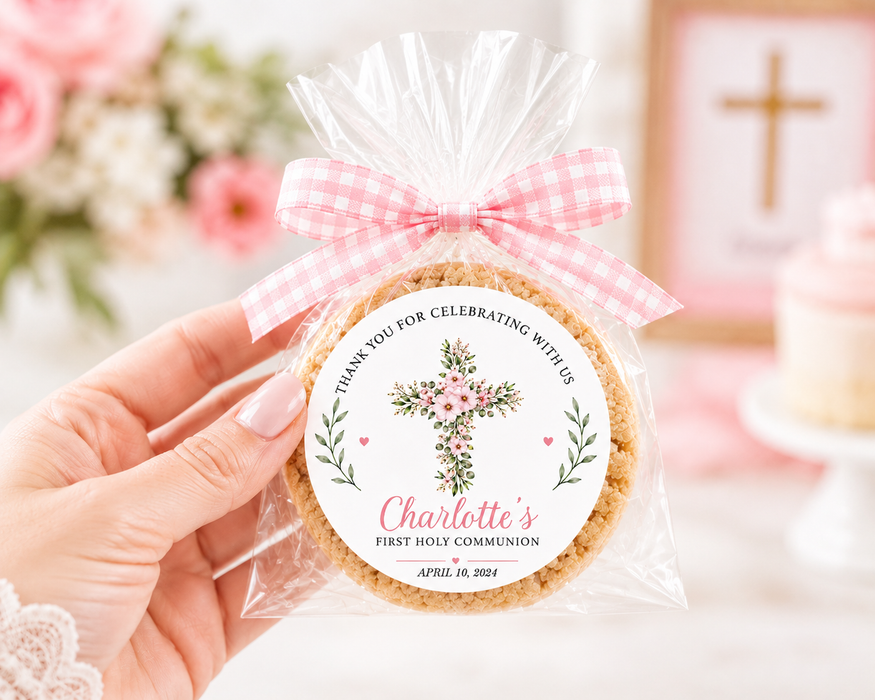 Floral Pink Cross First Communion Stickers