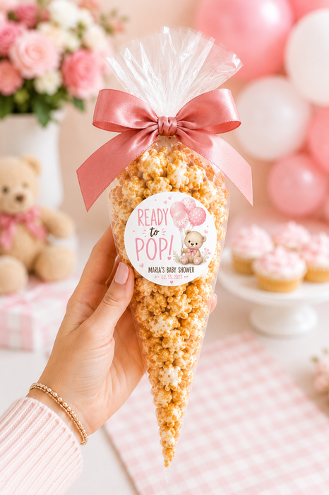 Pink Bear Ready to Pop Baby Shower Stickers