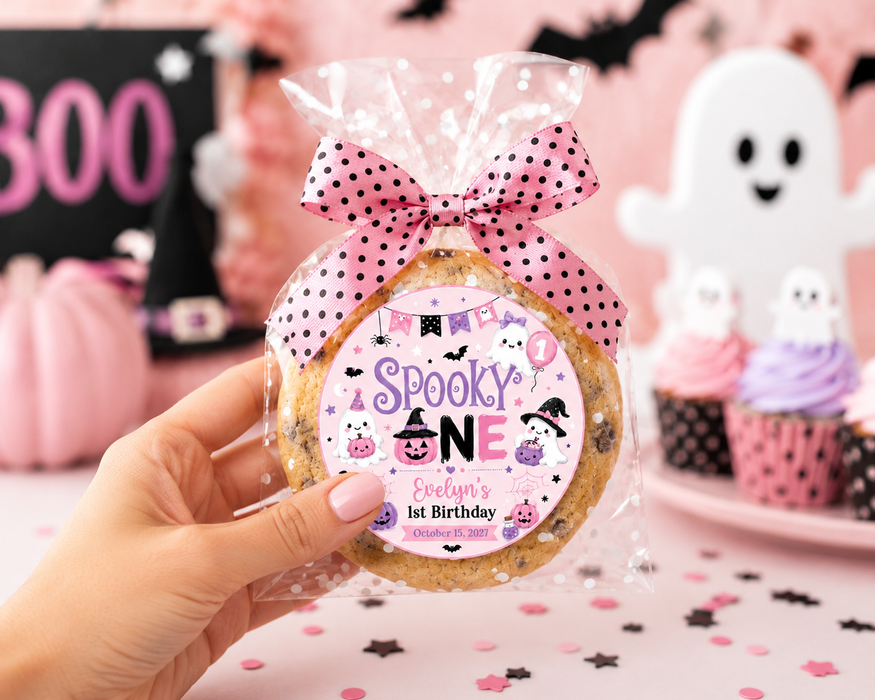 Pink Spooky One Birthday Favor Stickers