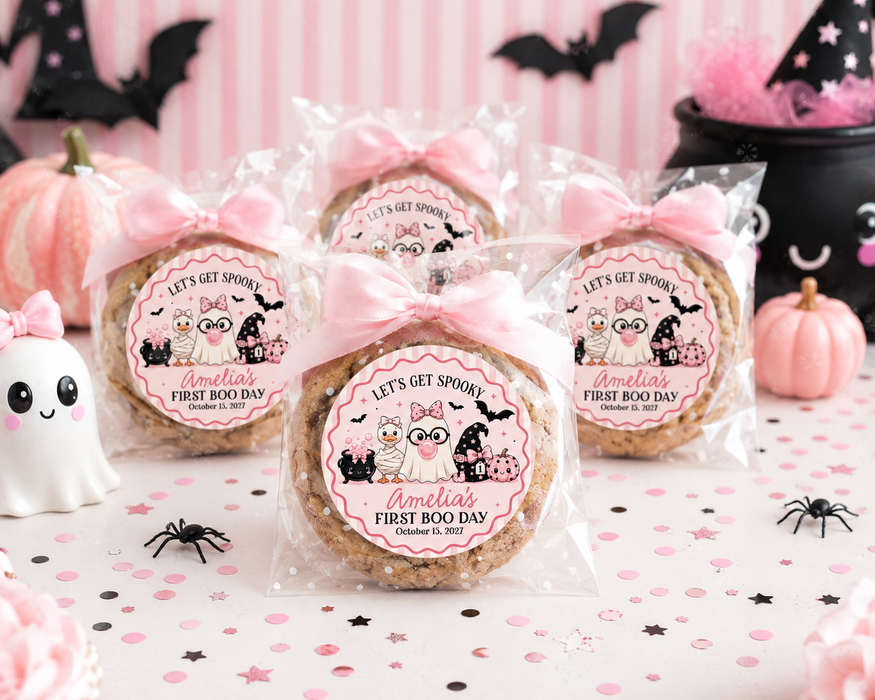 Let's Get Spooky Pink Halloween 1st Birthday Stickers