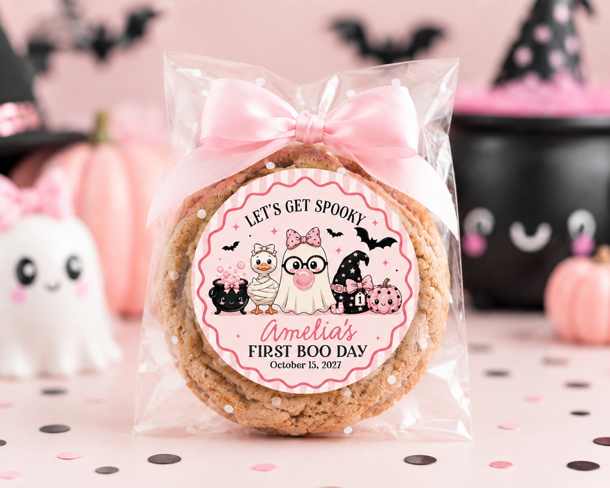 Let's Get Spooky Pink Halloween 1st Birthday Stickers