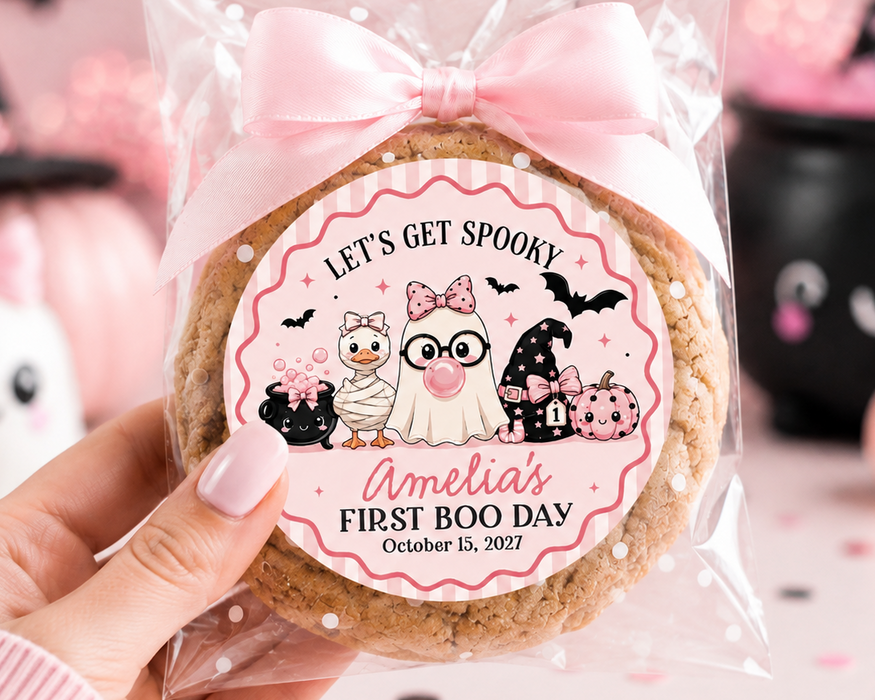 Let's Get Spooky Pink Halloween 1st Birthday Stickers