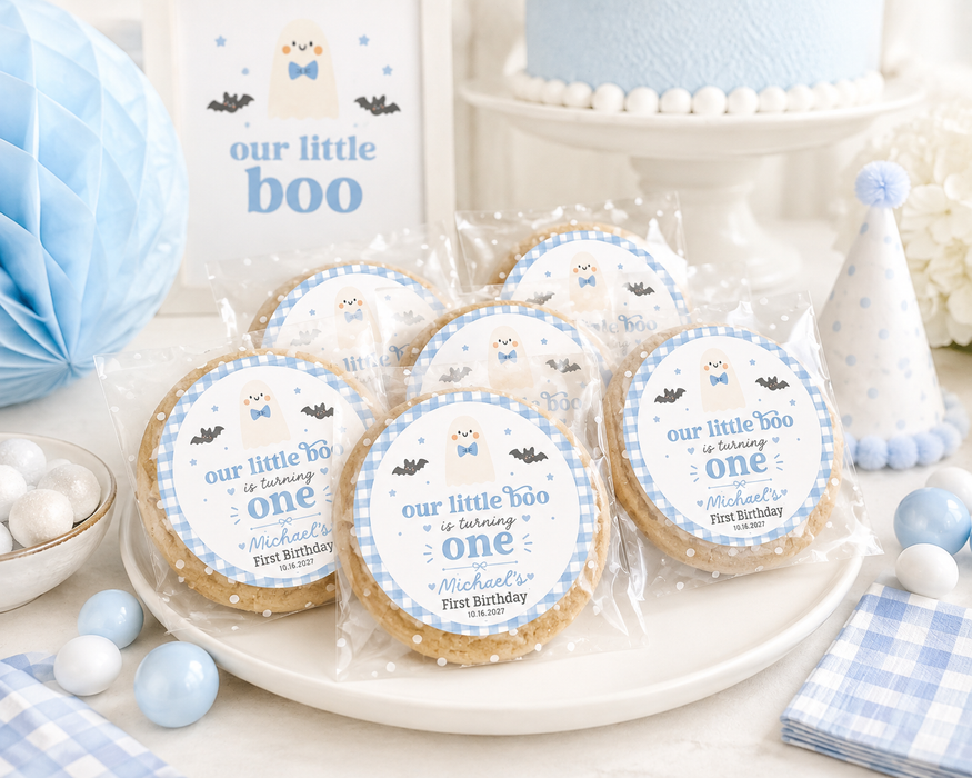 Blue Our Little Boo Is Turning One Stickers