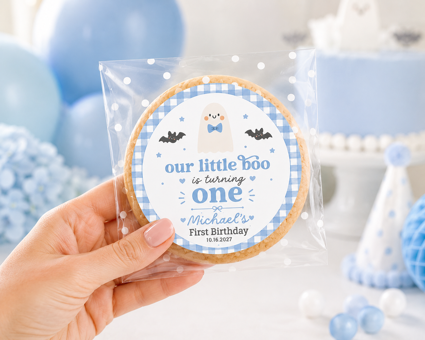 Blue Our Little Boo Is Turning One Stickers