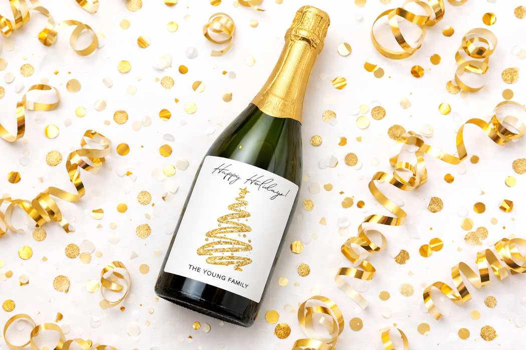 Happy Holidays Gold Glitter Tree Christmas Wine Labels