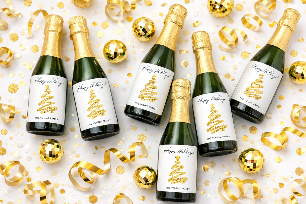Happy Holidays Gold Glitter Tree Christmas Wine Labels