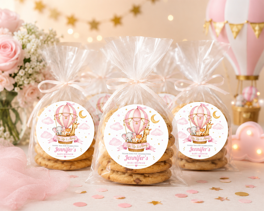 Pink Up Up & Away Baby Shower Stickers