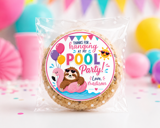 A round chocolate chip cookie sealed in a clear plastic bag with a colorful custom pool party sticker label. The label features cartoon illustrations of a flamingo and a sloth on a pink float, with balloons and the text 'THANKS FOR hanging AT MY POOL Party! Love, Madison'.