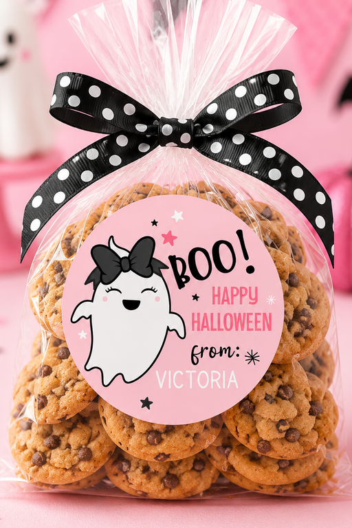 A clear cellophane bag filled with chocolate chip cookies, tied with a black polka-dot bow, and topped with a round pink label that says 'BOO! Happy Halloween from: Victoria.' The scene is styled in pink with Halloween decorations in the background.