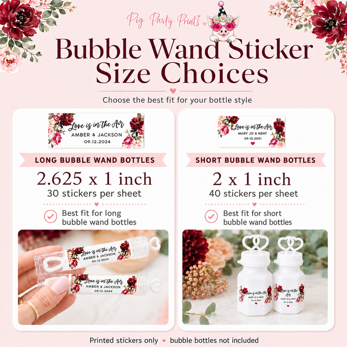 Burgundy Floral Wedding Bubble Wand Sticker Labels