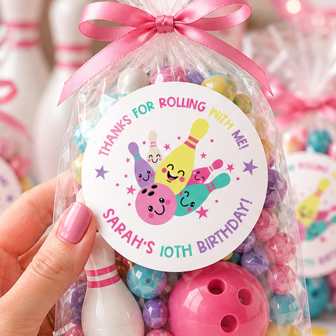 A hand holds a clear cellophane bag filled with colorful bowling-themed party favors, including a pink bowling ball, white bowling pins, and pastel bouncy balls, tied with a pink ribbon. A round printed tag on the bag reads 'Thanks for rolling party me!' and 'Sarah's 10th Birthday'.