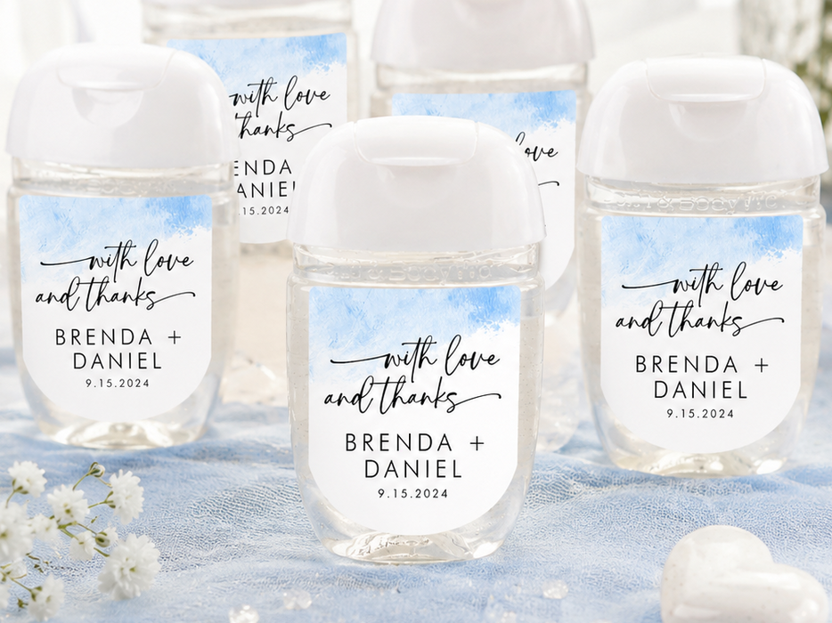 Blue Watercolor Wedding Hand Sanitizer Label