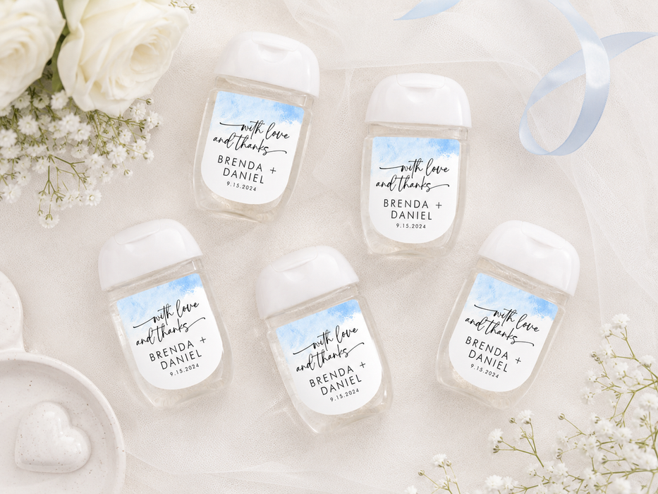 Blue Watercolor Wedding Hand Sanitizer Label