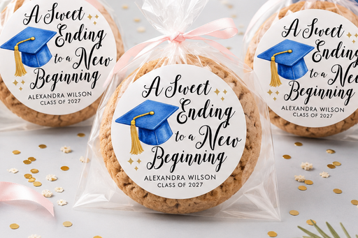 Graduation-themed cookies with personalized labels on a decorative table.