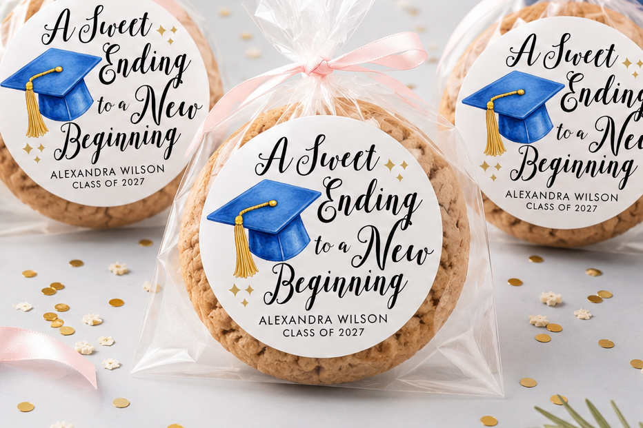 Graduation-themed cookies with personalized labels on a decorative table.