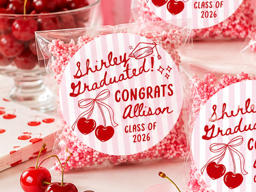 Graduation-themed cookies with personalized messages on a festive background.