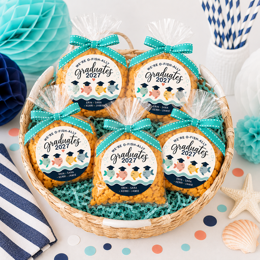 Basket of cookies with 'We're D-Fish-ally Graduates 2027' labels on a decorative background.