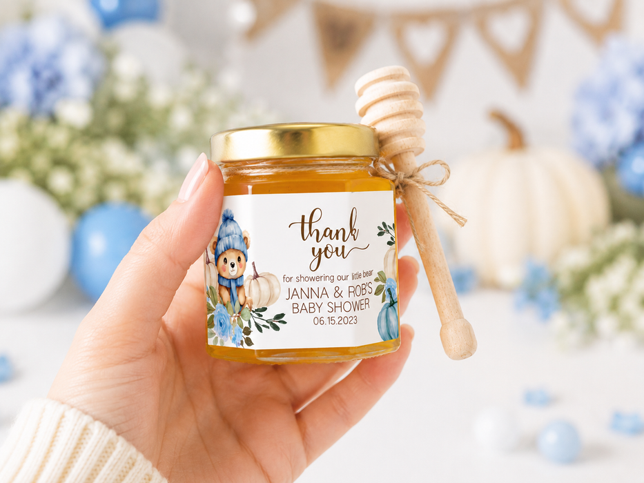 Fall Blue Bear Baby Shower Mini Honey Jar Stickers