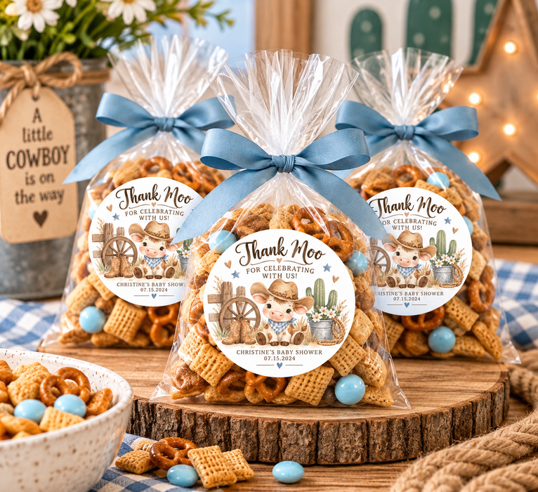 Cowboy Thank Moo Baby Shower Favor Labels