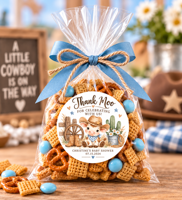 Cowboy Thank Moo Baby Shower Favor Labels