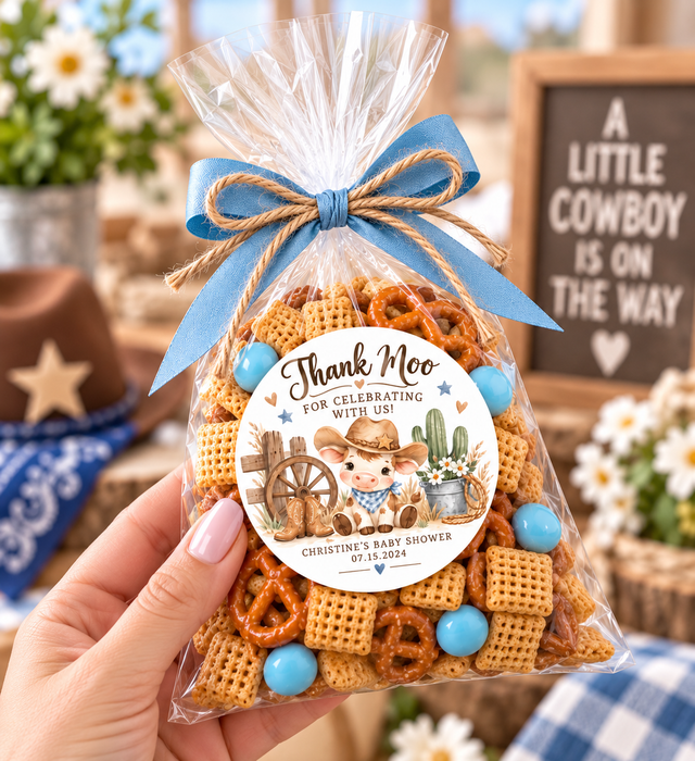 Cowboy Thank Moo Baby Shower Favor Labels