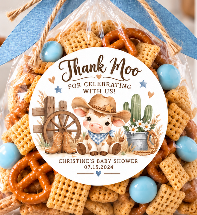 Cowboy Thank Moo Baby Shower Favor Labels