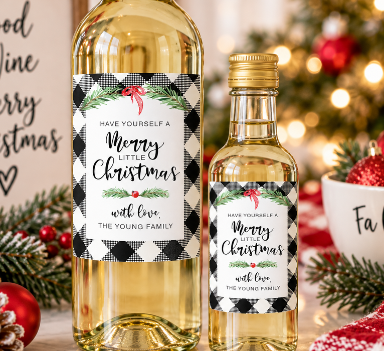 Buffalo Plaid Merry Christmas Wine Labels