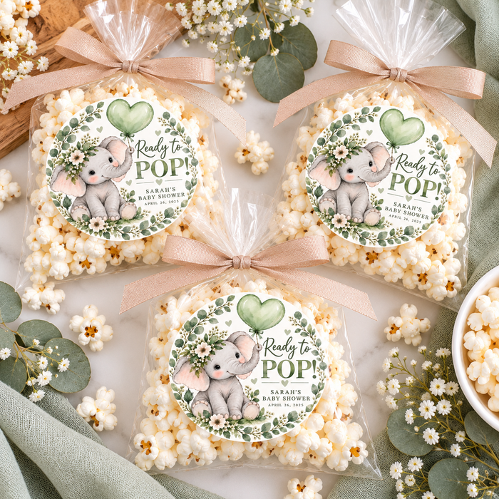 Green Elephant Ready to Pop Baby Shower Stickers
