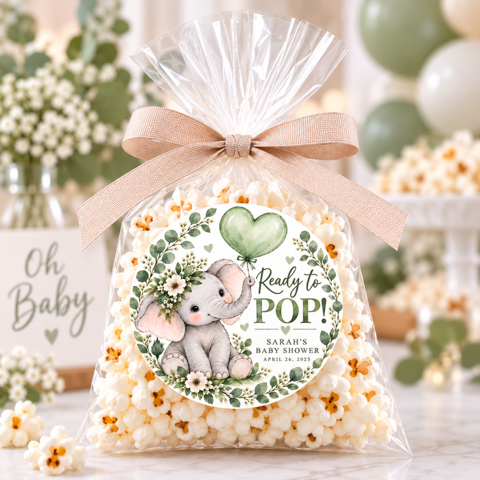 Green Elephant Ready to Pop Baby Shower Stickers