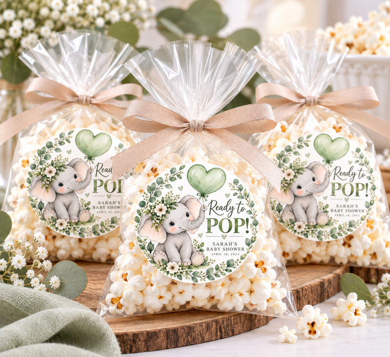 Green Elephant Ready to Pop Baby Shower Stickers