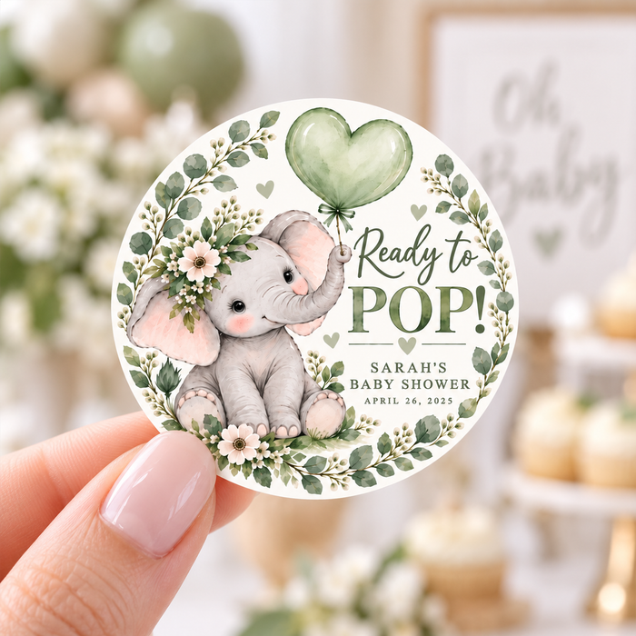 Green Elephant Ready to Pop Baby Shower Stickers