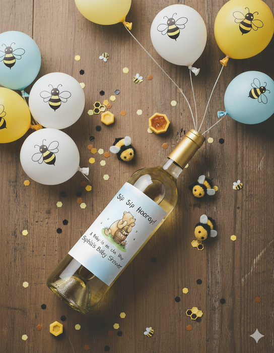 Sip Sip Hooray Pooh Baby Shower Wine Labels
