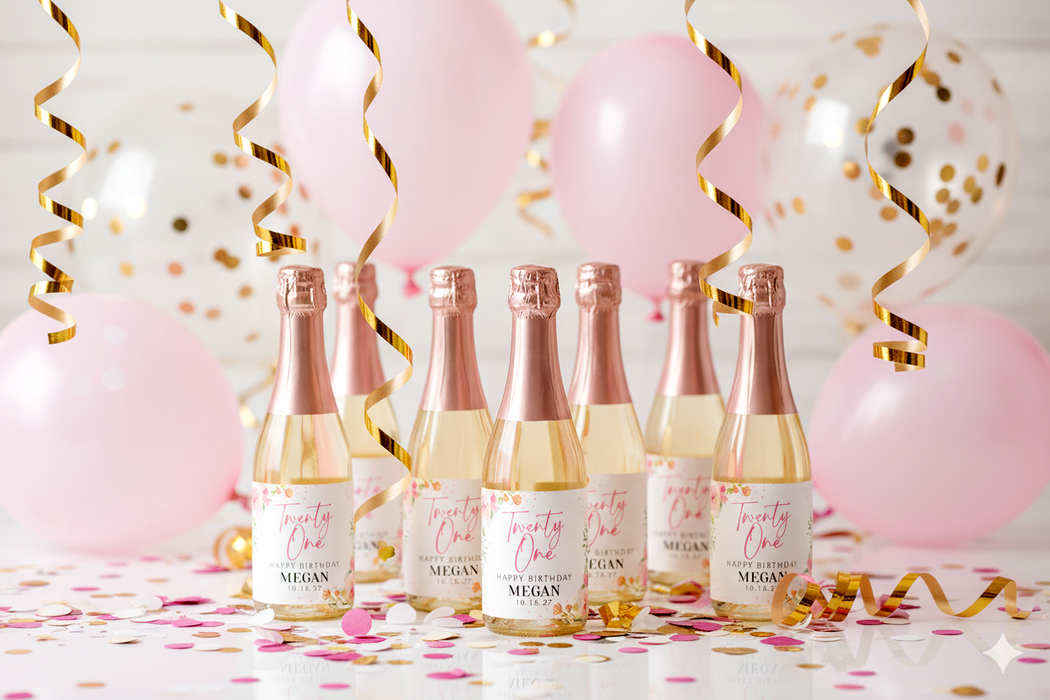 Rose Pink Floral 21st Birthday Party Wine Labels