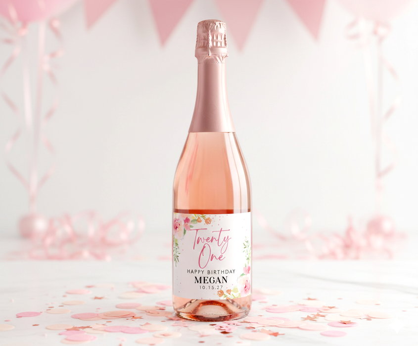 Rose Pink Floral 21st Birthday Party Wine Labels