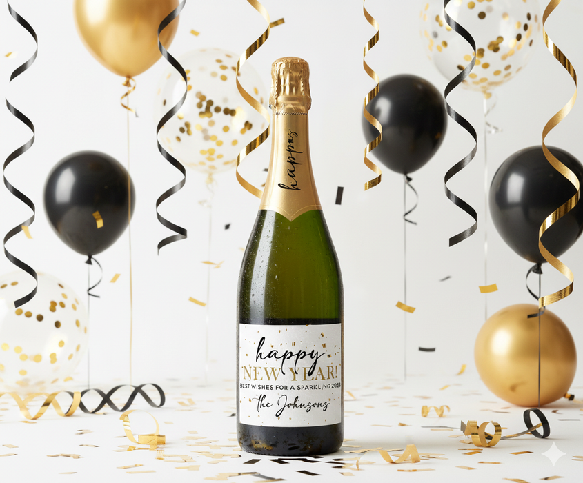 Gold Confetti Happy New Year Champagne Labels