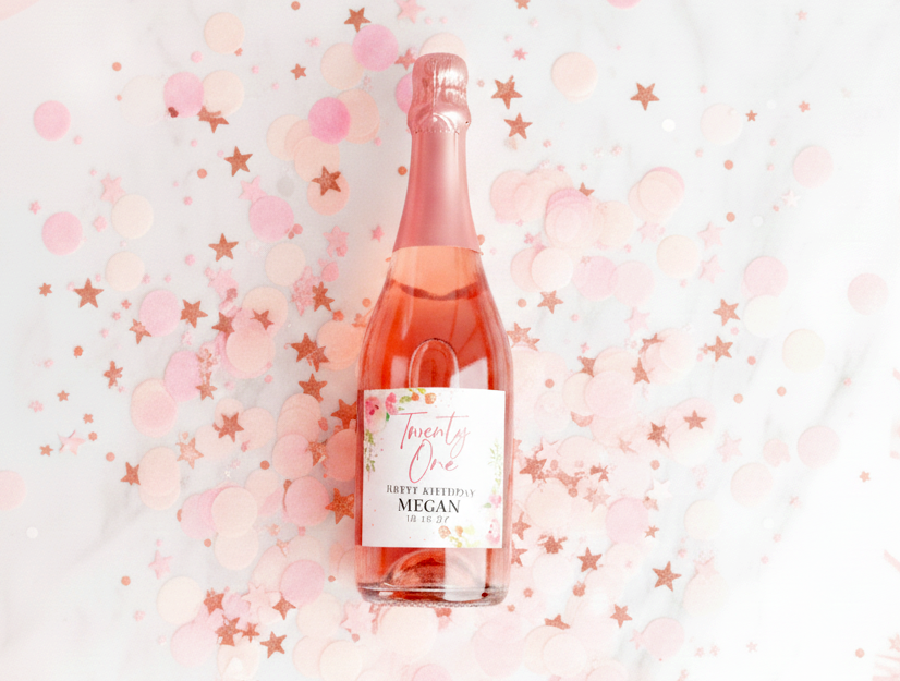 Rose Pink Floral 21st Birthday Party Wine Labels