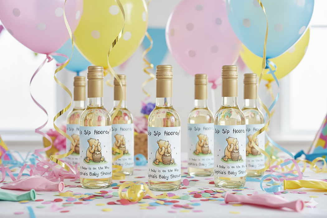 Sip Sip Hooray Pooh Baby Shower Wine Labels