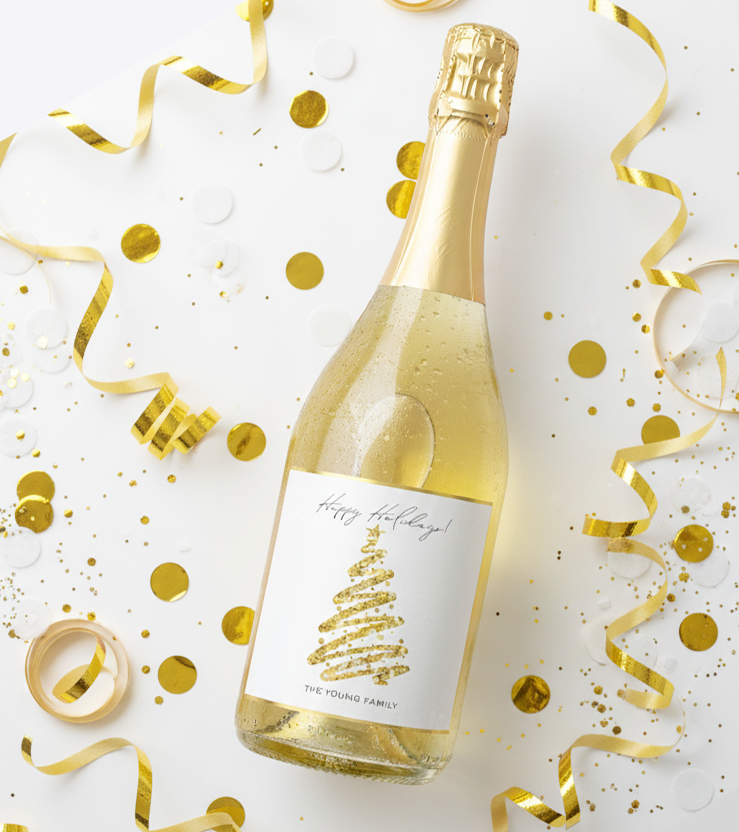 Happy Holidays Gold Glitter Tree Christmas Wine Labels — Pig Party