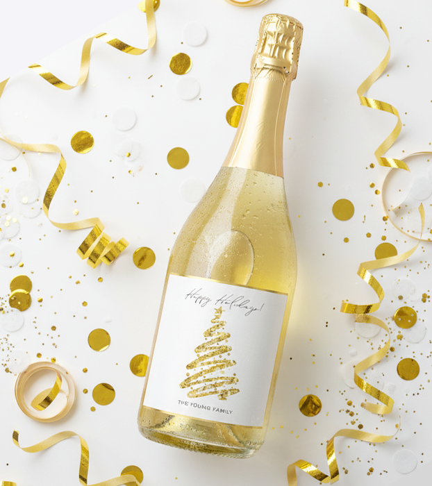 Happy Holidays Gold Glitter Tree Christmas Wine Labels