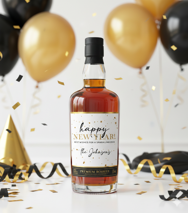 Gold Confetti Happy New Year Champagne Labels