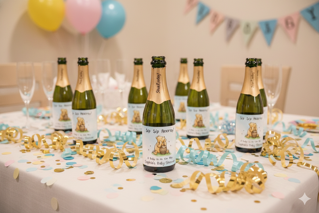 Sip Sip Hooray Pooh Baby Shower Wine Labels