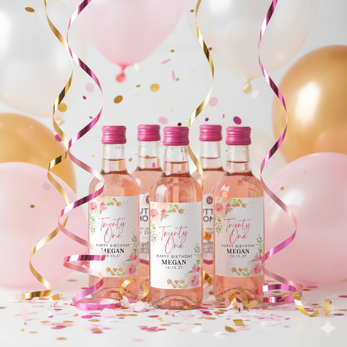 Rose Pink Floral 21st Birthday Party Wine Labels