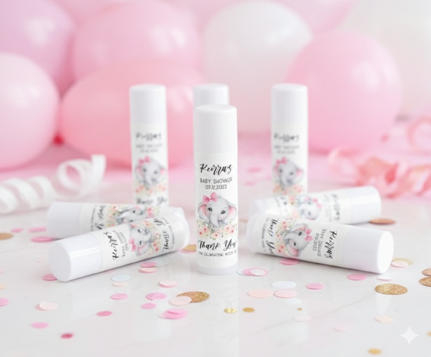 Pink Elephant Baby Shower Lip Balm Labels