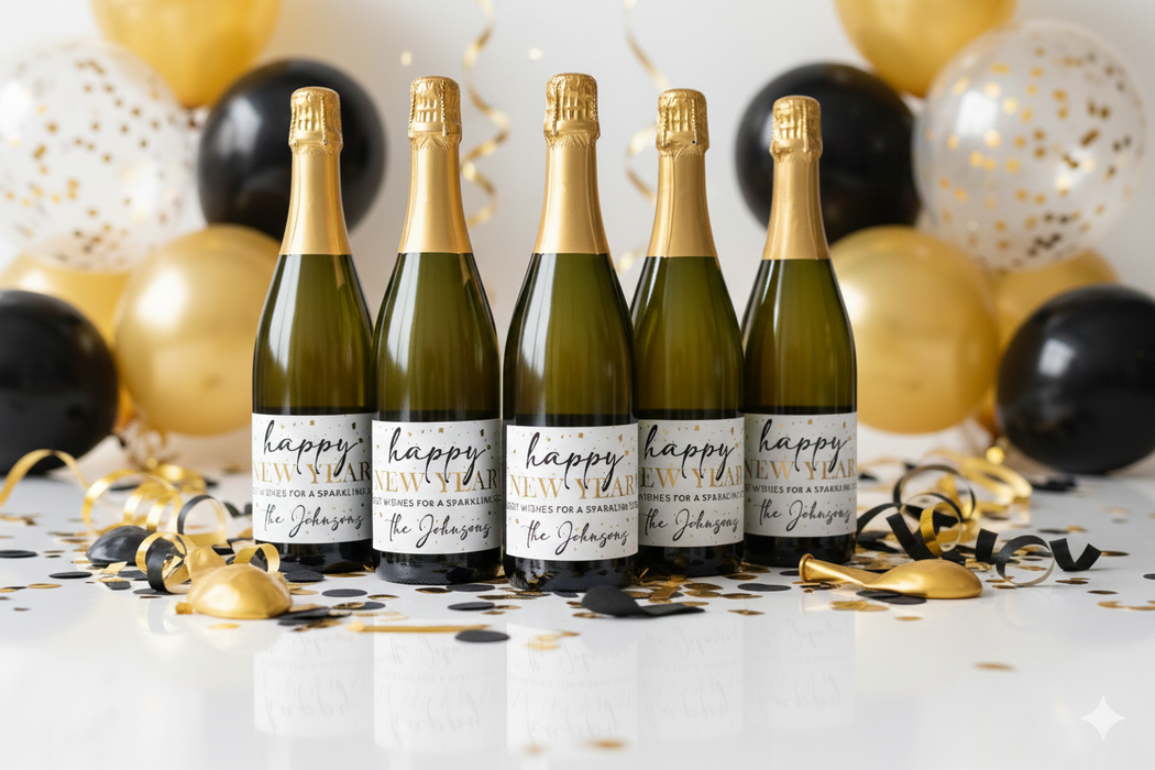 Gold Confetti Happy New Year Champagne Labels